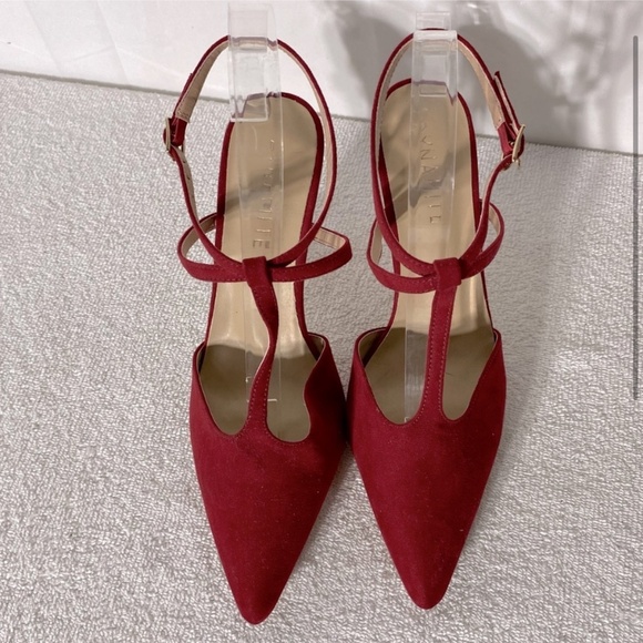 5/$25 Dynamite Red Pointed Toe T Strap Sling Back Skinny Heels 38 - Picture 2 of 11